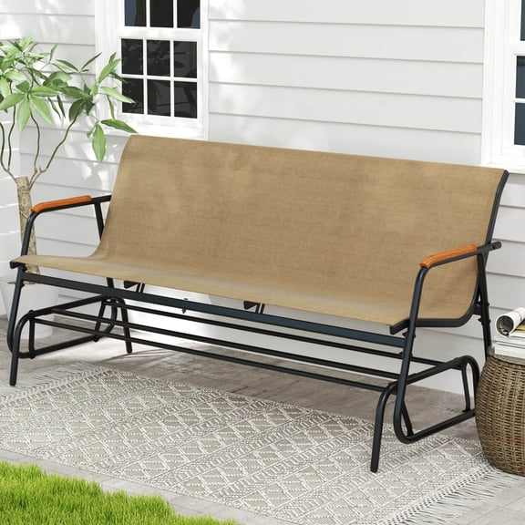 Costway Patio Glider Bench for 3 Swing Gliding Loveseat with Curved Teak Armrests for Porch Brown
