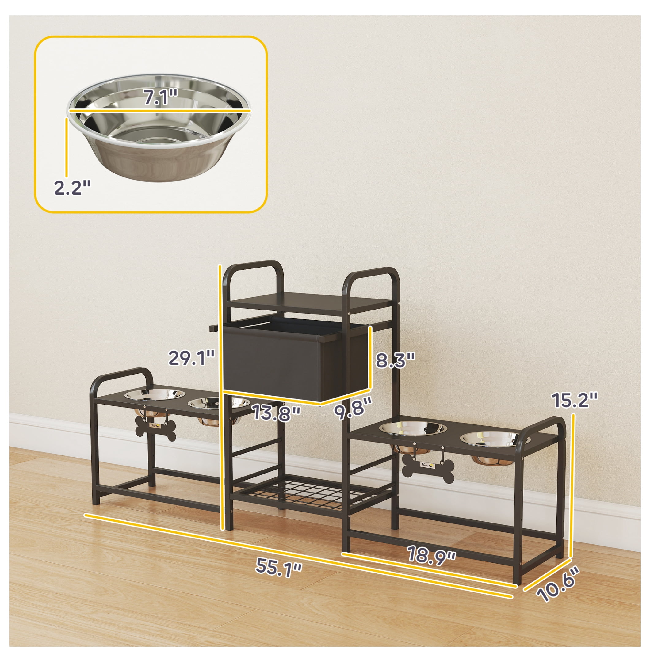 Dog Bowl Stand with Toy Storage, 3 Height Adjustable Elevated Dog Bowls, 2 Feeding Stations, Stainless Steel Pet Feeder for Large & Small Dogs, Black