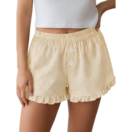 Osfvolr Women S Boxer Shorts Y2K Ruffle Pajama Summer Lounge Sleep Striped Casual Beach Pj Bottoms Pockets Color M