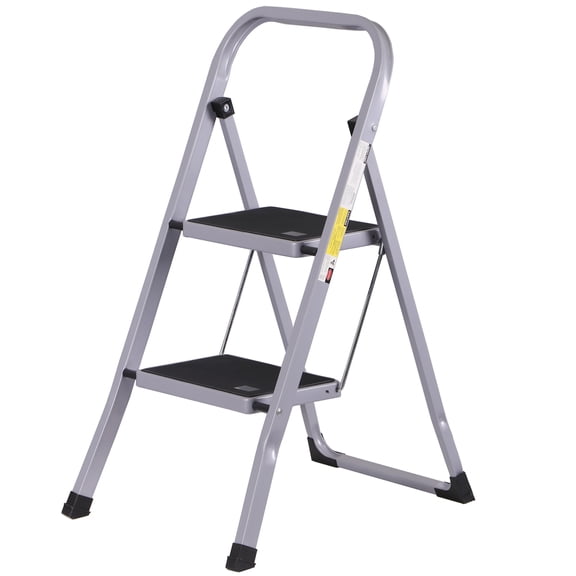 BoldGear 2 Step Ladder Folding Step Stool with Wide Anti-Slip Pedal, Convenient Handgrip, Portable Steel Step Stool, 300 lbs Sturdy Steel Ladder for Household and Office, Gray