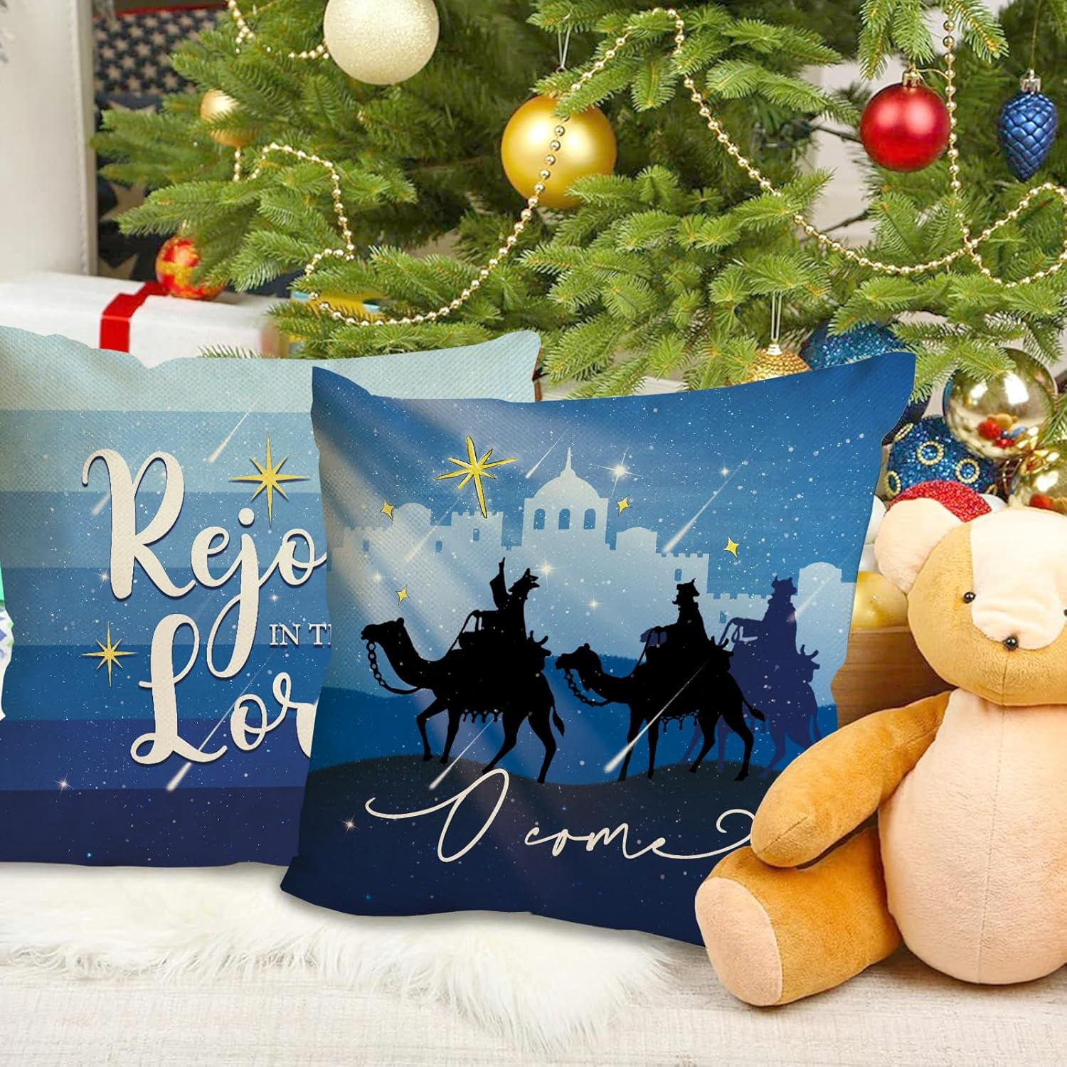 Christmas O Holy Night Decorative Throw Pillow Covers 18x18 Set of 4, Religious Xmas Jesus Nativity Navy Blue Outdoor Pillowcase, Rejoice in The Lord Winter Holiday Cushion Case Home Decor