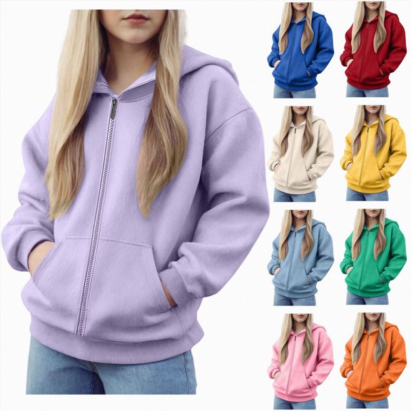 Girls Zip up Hoodie Trendy 2026 Cute Oversized Zipper Sweatshirt with Pocket Kids Fashion Winter Clothes (Light Purple,5-6 Years)