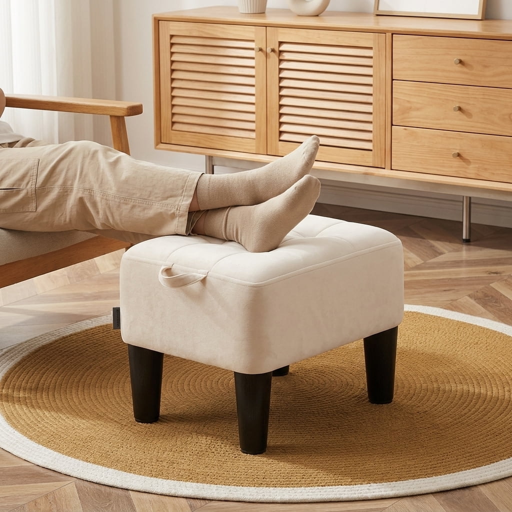 Ledrem Small Ottoman Foot Stool with Thick Cushion & Sturdy Angled Legs, Cream White