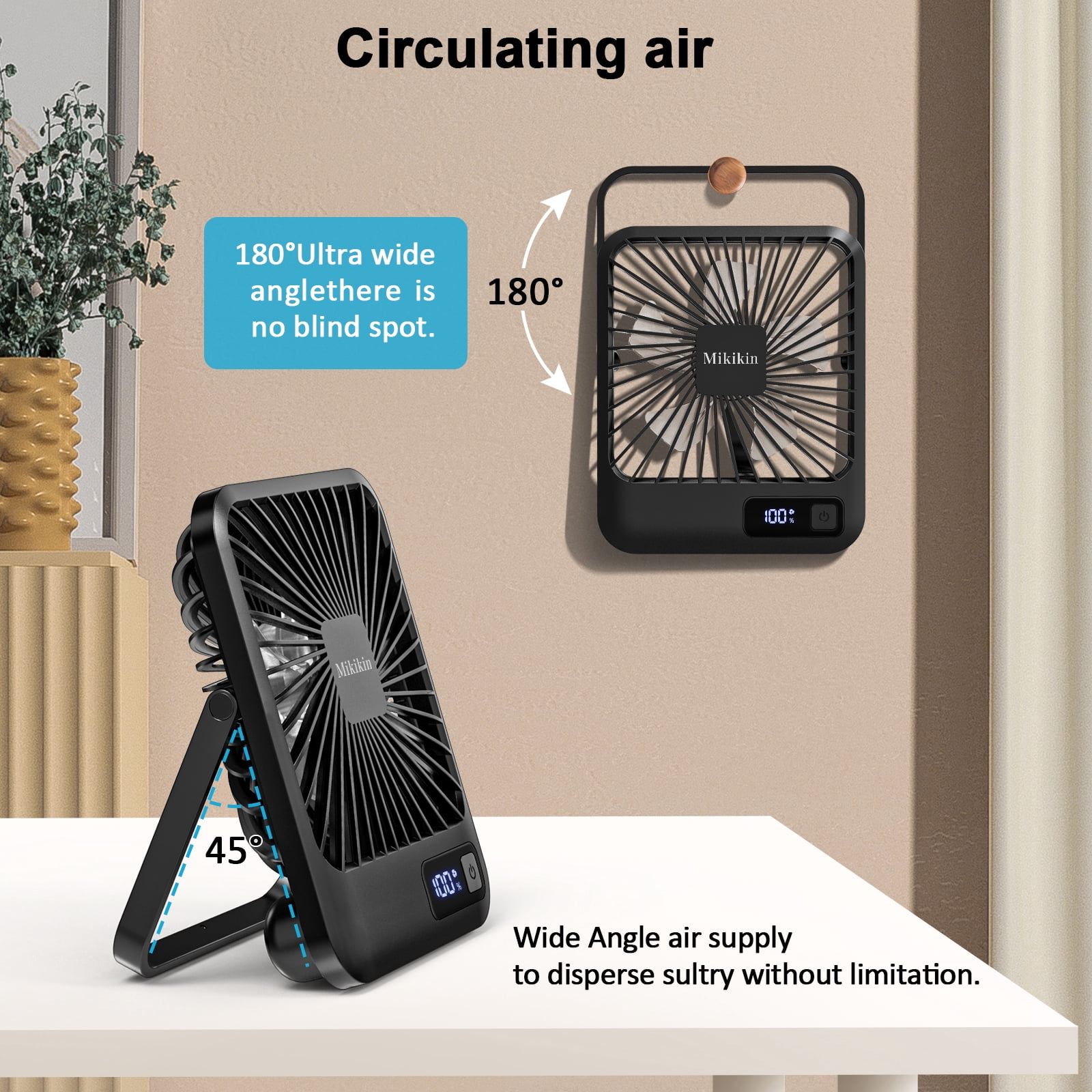 Mikikin 5-Speed Portable Rechargeable Desk Fan