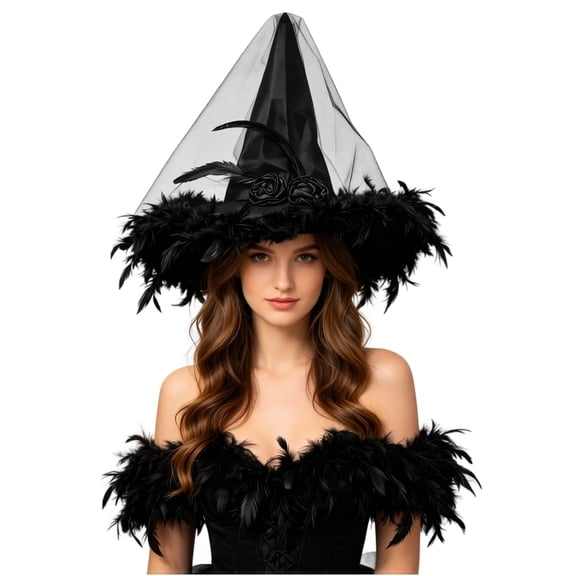 1-Piece Feathered Satin Witch Hat for Women, Halloween Wide-Brim Cone Cap with Tulle Veil — Mystical Costume Accessory featuring Rose & Quill Details Black One Size