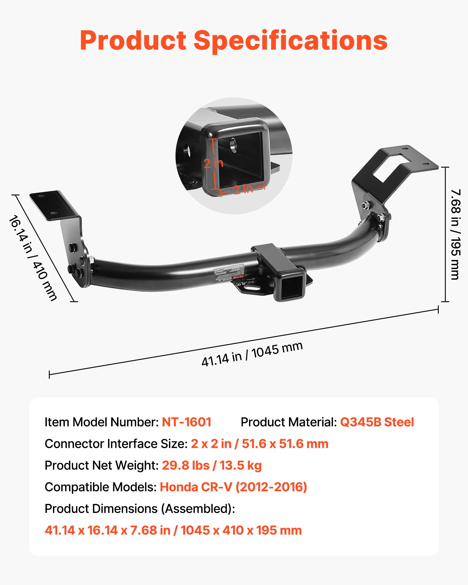 VEVOR Class 3 Trailer Hitch, 2-Inch Receiver, 6000 lbs, Q345B Steel Tube Frame, Compatible with 2012-2016 Honda CR-V, Multi-Fit Hitch to Receive Ball Mount, Cargo Carrier, Bike Rack, Tow Hook, Black