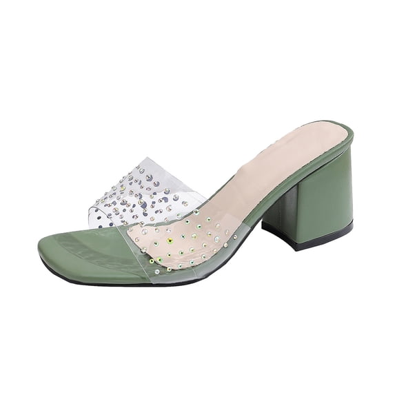 ShiShine Women's Clear Rhinestones Square Open Toe Block Heeled Sandals Dressy Slip On Casual Porm Wedding Pumps Shoes