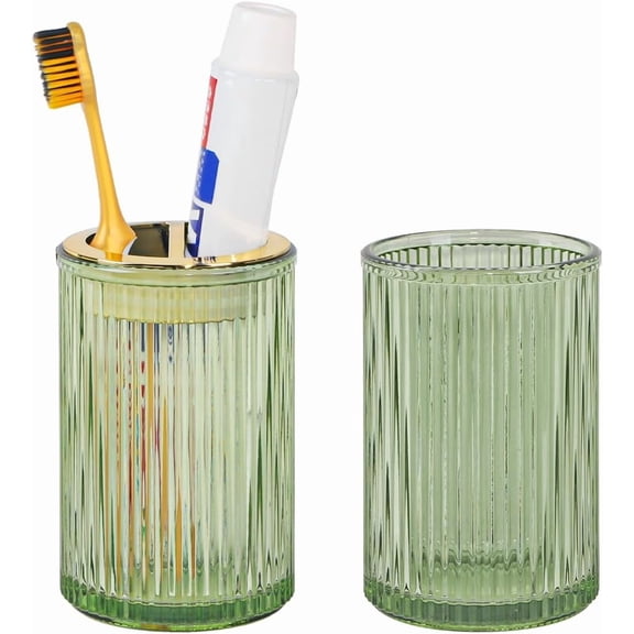 Toothbrush Holders for Bathrooms, 2pcs Glass Toothbrush Holder, 12oz Bathroom Tumbler and Mouthwash Cup, Tooth Brush and Toothpaste Organizer for Bathroom Vanity Countertop (Green Gold)