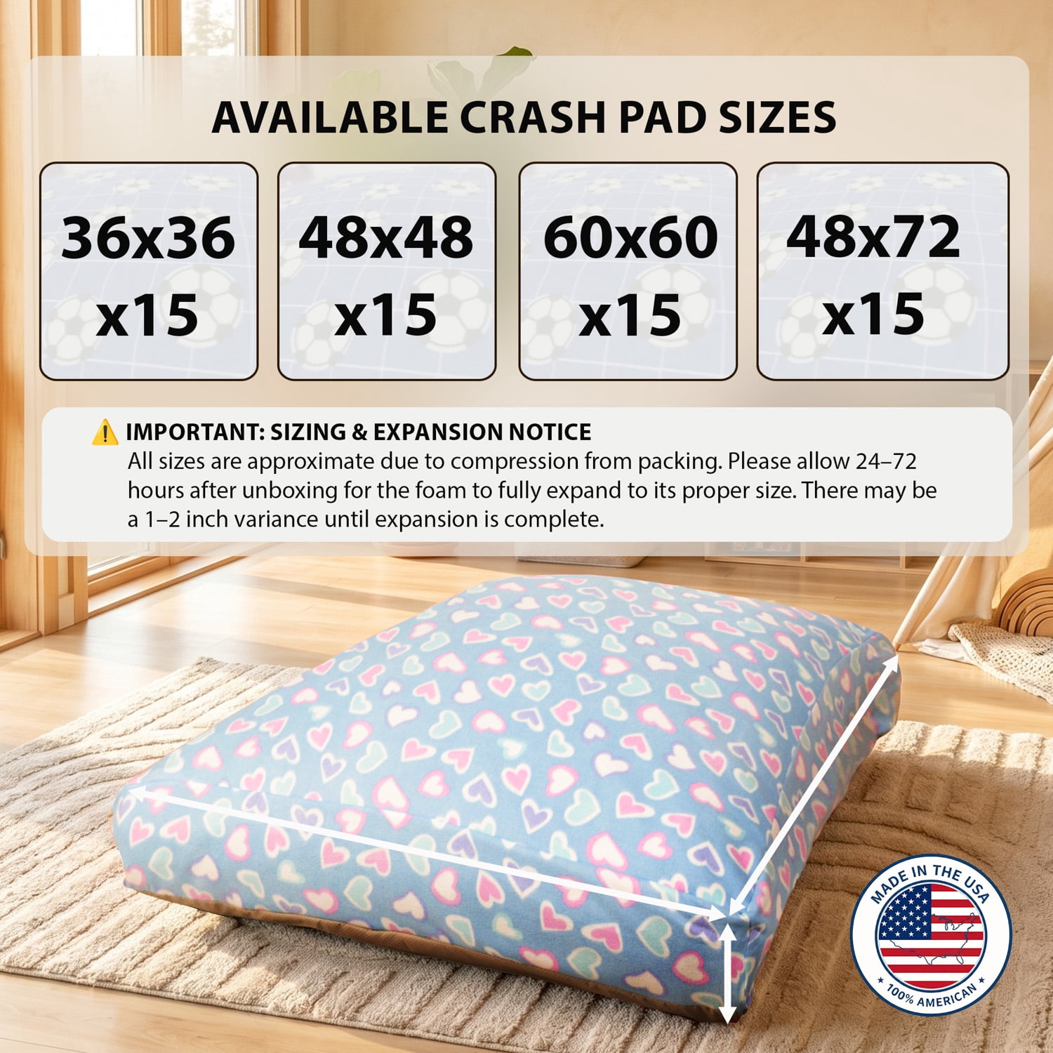48" x 72" Sensory Crash Pad for Kids & Adults, Soft Fleece Foam Landing Mat, Non-Slip Bottom, Removable Washable Cover for Jumping, Gymnastics, Play and Relaxation