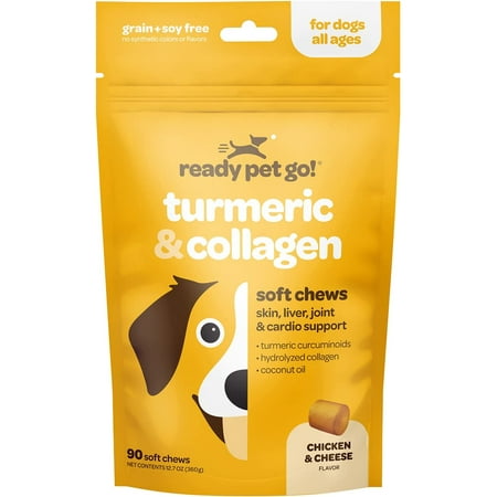 UPC: 0850018277051 | Ready Pet Go! Turmeric & Collagen Supplement for Dogs | Dog Hip and Joint Supplement | Turmeric Curumin Coconut Oil & Collagen | Dog Arthritis Supplement | 90 Dog Soft Chews
