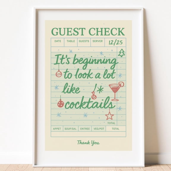 It's Beginning to Look a Lot Like Cocktails Poster | Guest Check Art, Unframed Paper Poster 24x36in