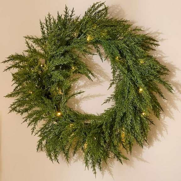 JEWLALO Real Touch Norfolk Pine Wreath for Front Door, 20'' Outdoor Christmas Wreath with Lights, Artificial Fake Pine Needles Wreath for Home Wall Window Porch Fireplace Winter Holiday Decors