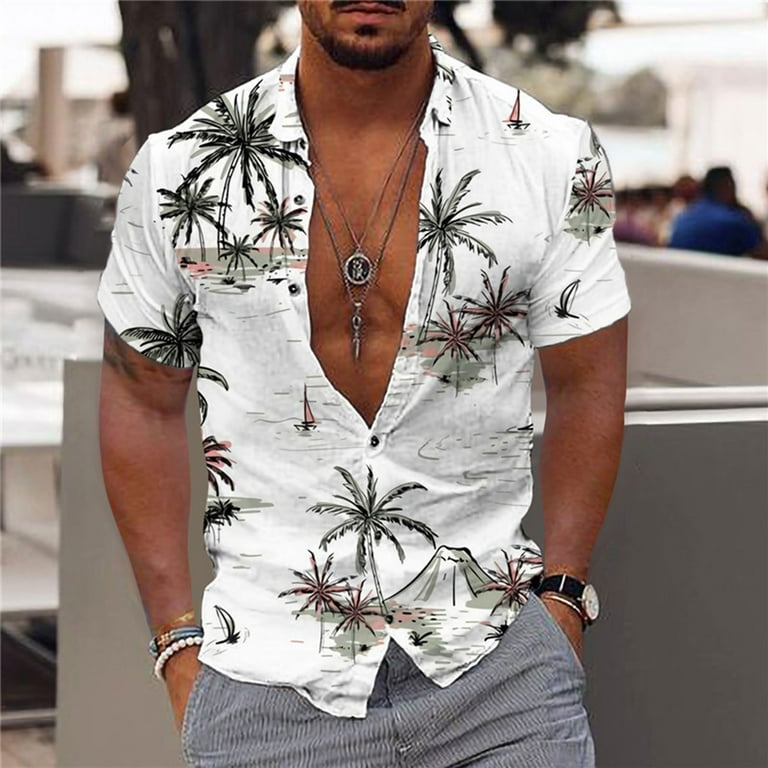 Summer Clearance SMihono Men Fashion Casual Buttons Hawaii Printing  Turndown Short Sleeve Shirt Blouse Mens Turndown collar Tees Tops Shirt  White 12 