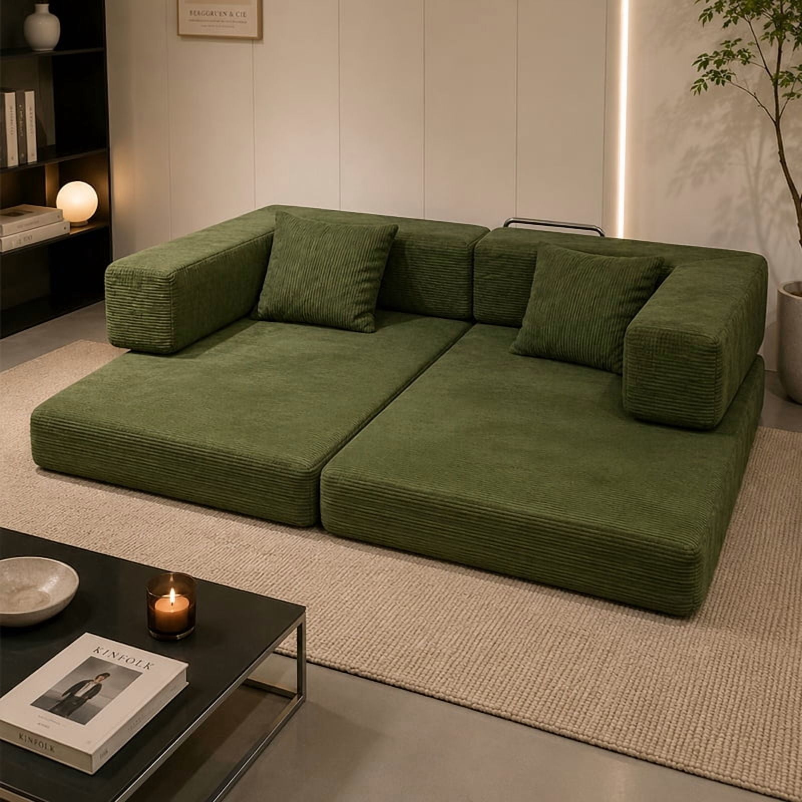 Garitin Sofa Bed and Convertible Floor Sofa 78.74 Inch, Corduroy Fabric Couch with Double Pillows for Living Room Bedroom, Green