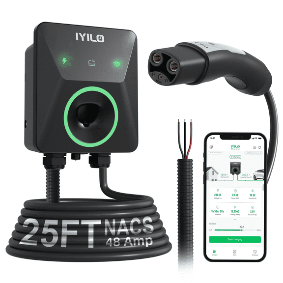 IYILO 48A Hardwired Level 2 EV Charger, 240V, NACS, 25Ft Cable, Dual Temp Sensors, ETL Certified