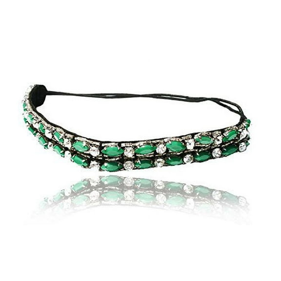 Emerald Green Rhinestone and Beaded Headband. Bohemian Style Headband. Elastic Band to Fit Any Size Head. Comes with Look Guide to Show You Many Styles