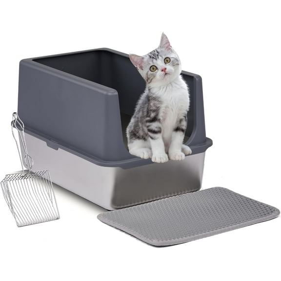 THJTDH XL Stainless Steel Cat Litter Box - High-Sided Metal Litter Pan for Large Cats - Non-Stick, Anti-Leak Design with Scoop & Mat - Easy to Clean Pet Toilet