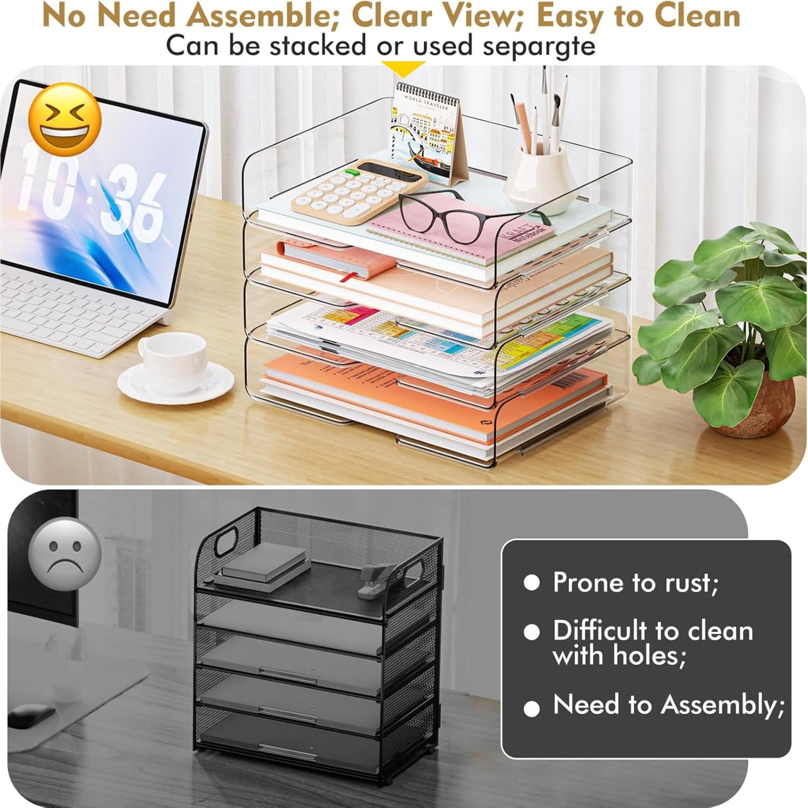 PHANCIR Clear 4-Tier Stackable Desk Organizer, Horizontal Paper File Tray, Desktop Document Sorter & Storage for Office, Home, School, Holds A4, Letters, Notebooks, Books & Office Supplies
