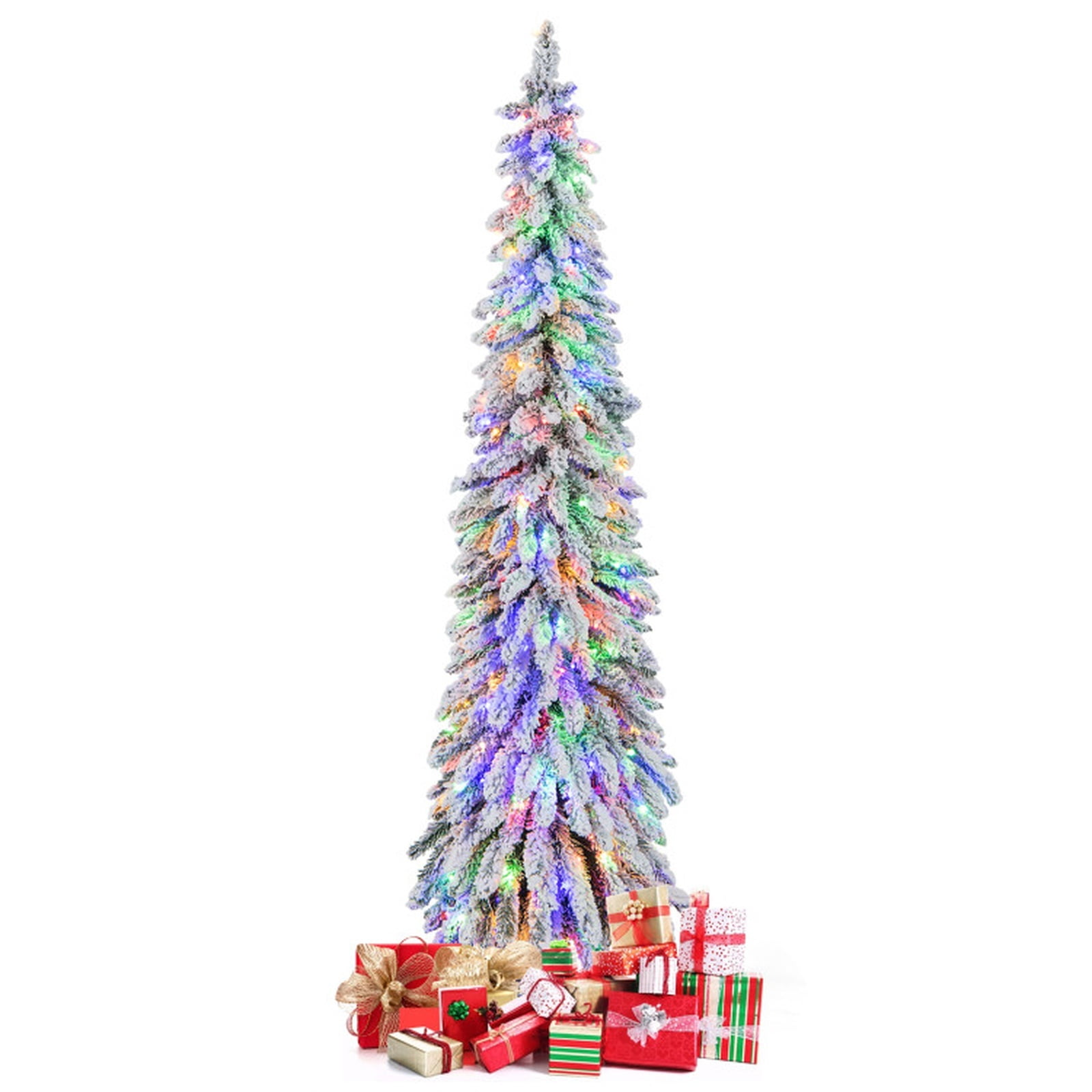 RUIE 6 ft Snow-Flocked Pencil Christmas Tree, Pre-Lit Slim Green White Xmas Tree with 250 Dual-Color LED Lights, 11 Modes, Timer