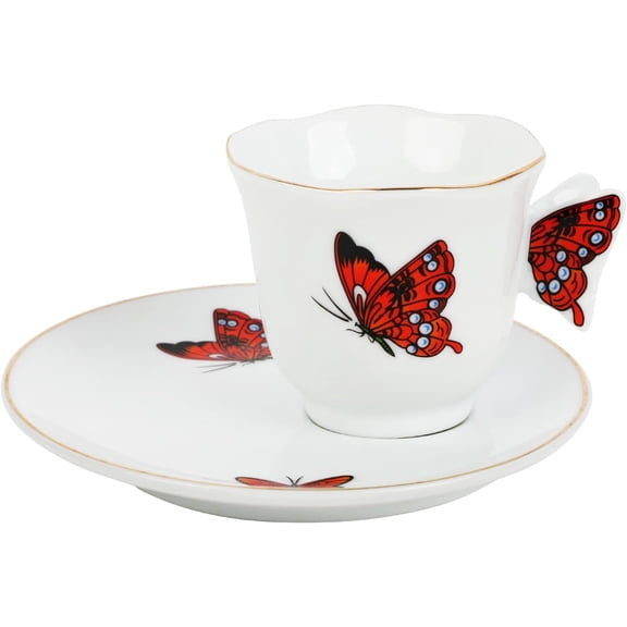 Cup and Saucer Set - Mini Coffee Mug with Plate Tea Set - Ceramic Butterfly Design
