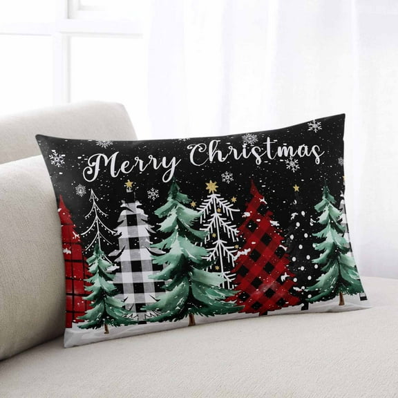 Christmas Trees Queen Size Pillow Cover, Pillowcase Protectors with Zipper, Breathable Decorative Throw Pillow Case Cover, Black Xmas Tree Snowflakes Winter Pillow Shams for Couch Sofa 20x30Inch