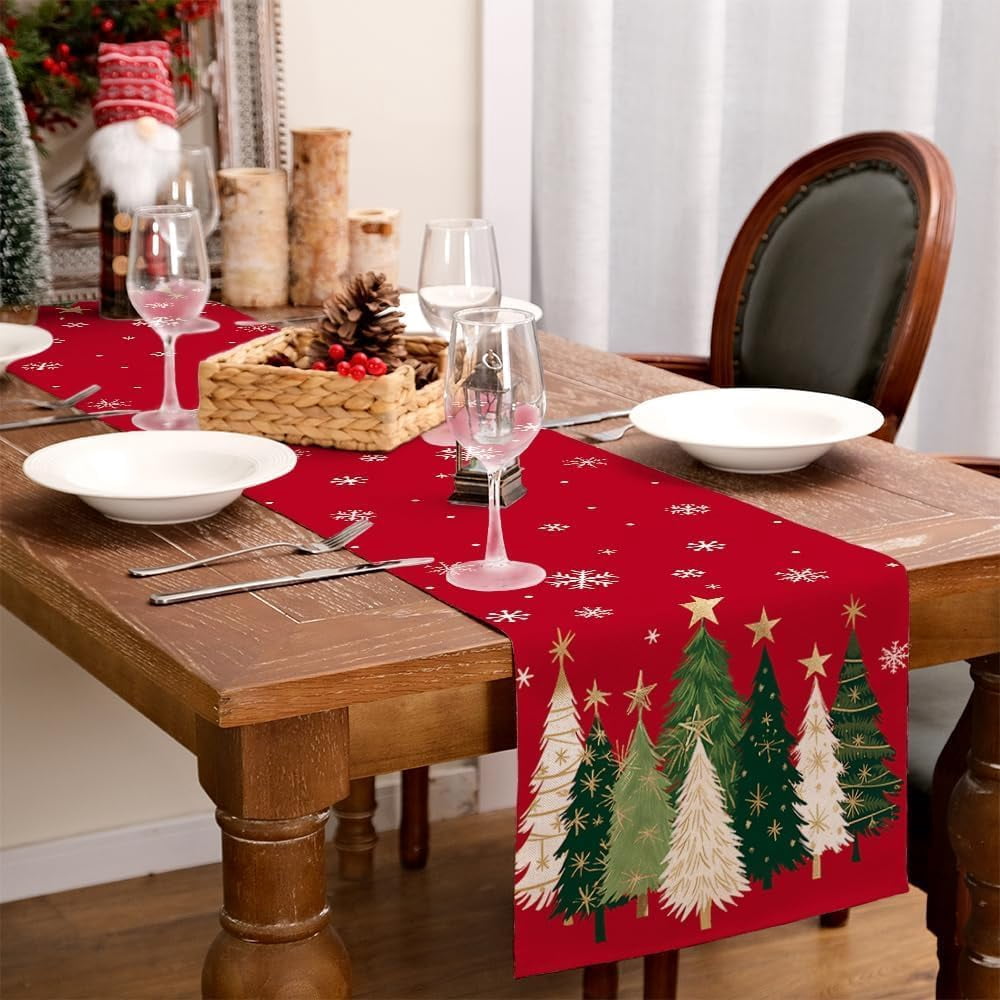 Christmas Table Runner 13x72 Inch, Xmas Trees Snowflakes Holiday Decorative Farmhouse Table Decoration for Kitchen Dinning, Indoor Outdoor Dinner Party Decor