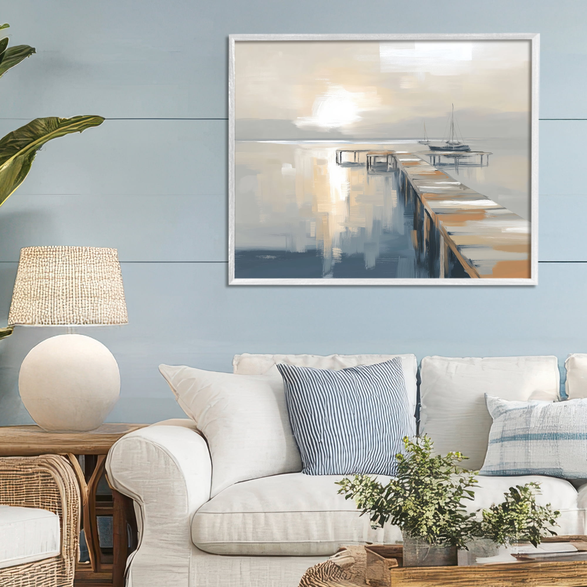 Stupell Industries Pier with Sailboat Seascape White Framed Giclee Art, design by Kim Curinga