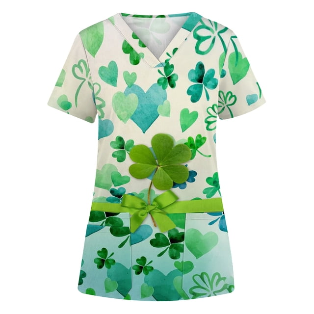 TopLLC Blouses Médicales Grande Taille pour Femmes Mode Imprimée pour la Saint-Patrick Col en V Manches Courtes avec Poche Blouse de Travail Décontractée pour Infirmières en Liquidation