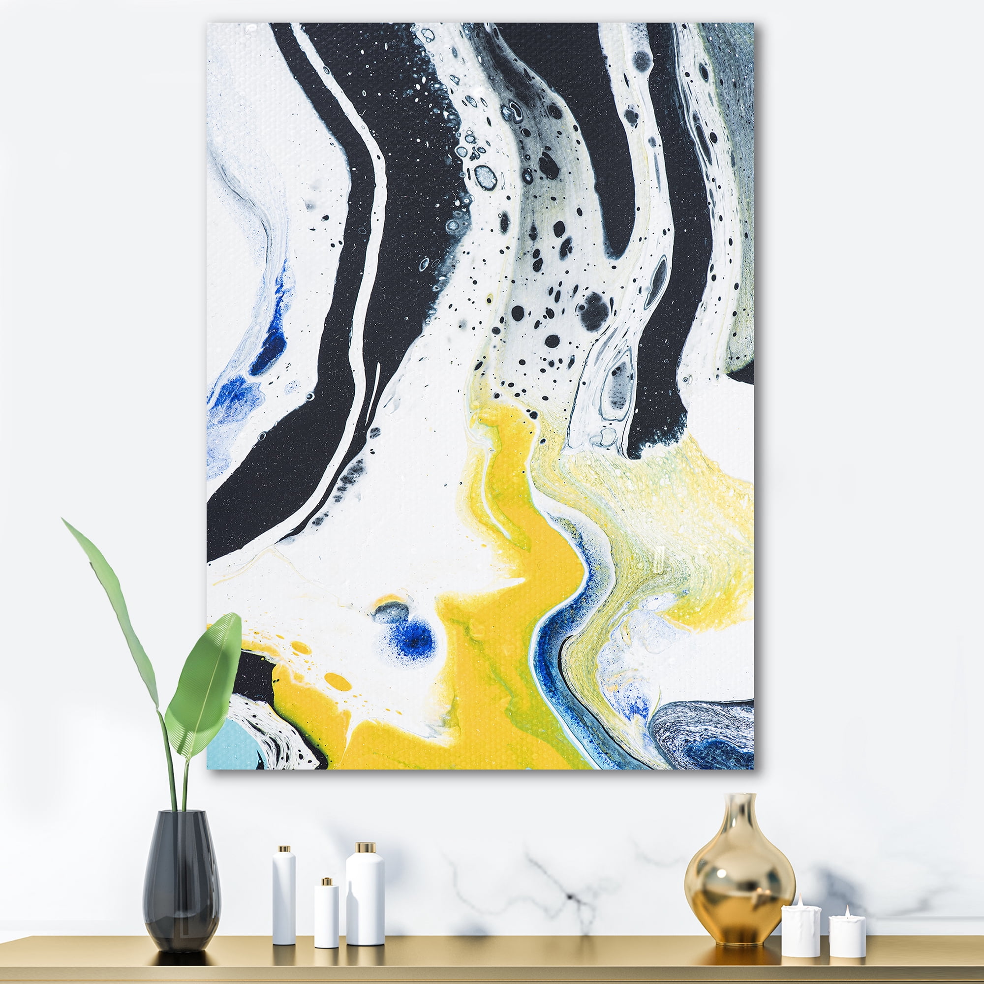 Abstract Marble Composition In Blue and Yellow IV 12 in x 8 in Painting Canvas Art Print, by Designart