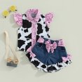 thumbnail image 3 of Gupgi 1-6 Ans Filles 2 Pcs Imprimé Vache Col Rabattu Manches Volantes Hauts+shorts en Denim avec Ceinture, 3 of 8