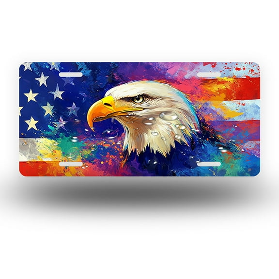 Color splashed Patriotic Eagle Front License Plate, Funny Standard Plates Personalized Novelty Decorative For Men/Women/Boys/Girls Car 6×12 Inch