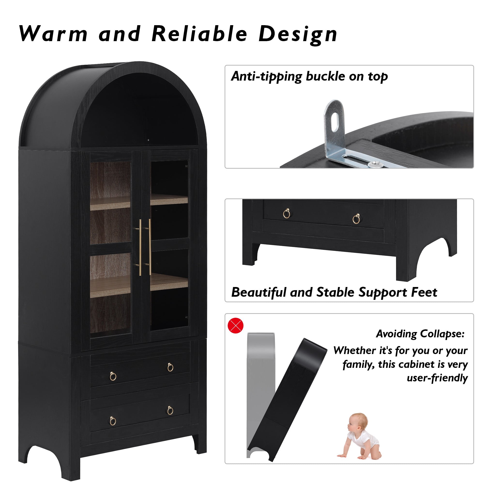 DEALTOPS Freestanding 71" Kitchen Pantry Cabinet with Arched Top, Adjustable Shelves and 2 Large Drawers, Black