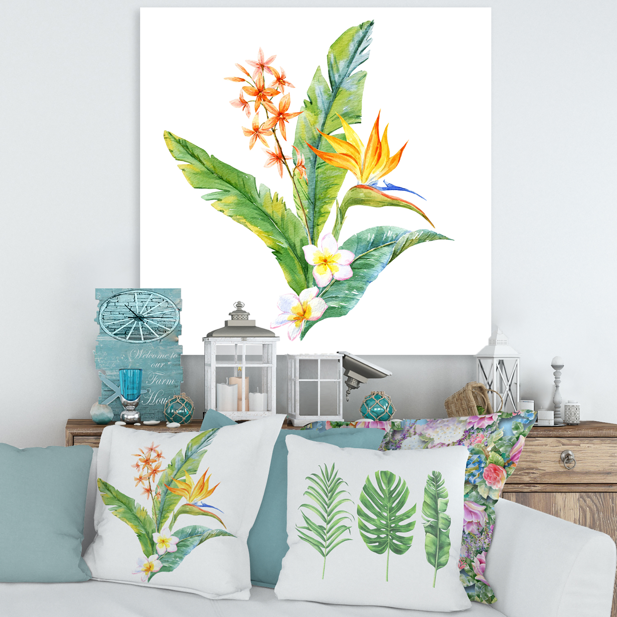 Designart ' Green Leaves With Tropical Yellow Flowers I ' Traditional Canvas Wall Art Print