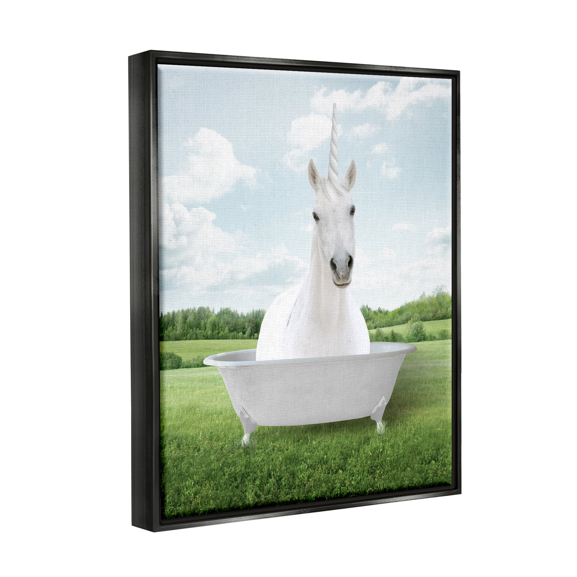 Stupell Industries Unicorn Bathtub in Field Nature Painting Black Floater Framed Art Print Wall Art, 17 x 21