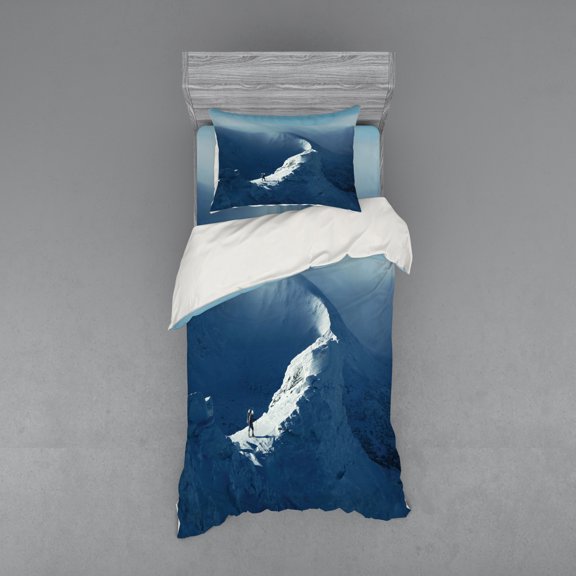 Ambesonne White Bedding Set 3 Pcs, Sunny Day in Mountains, Twin, Slate Blue White