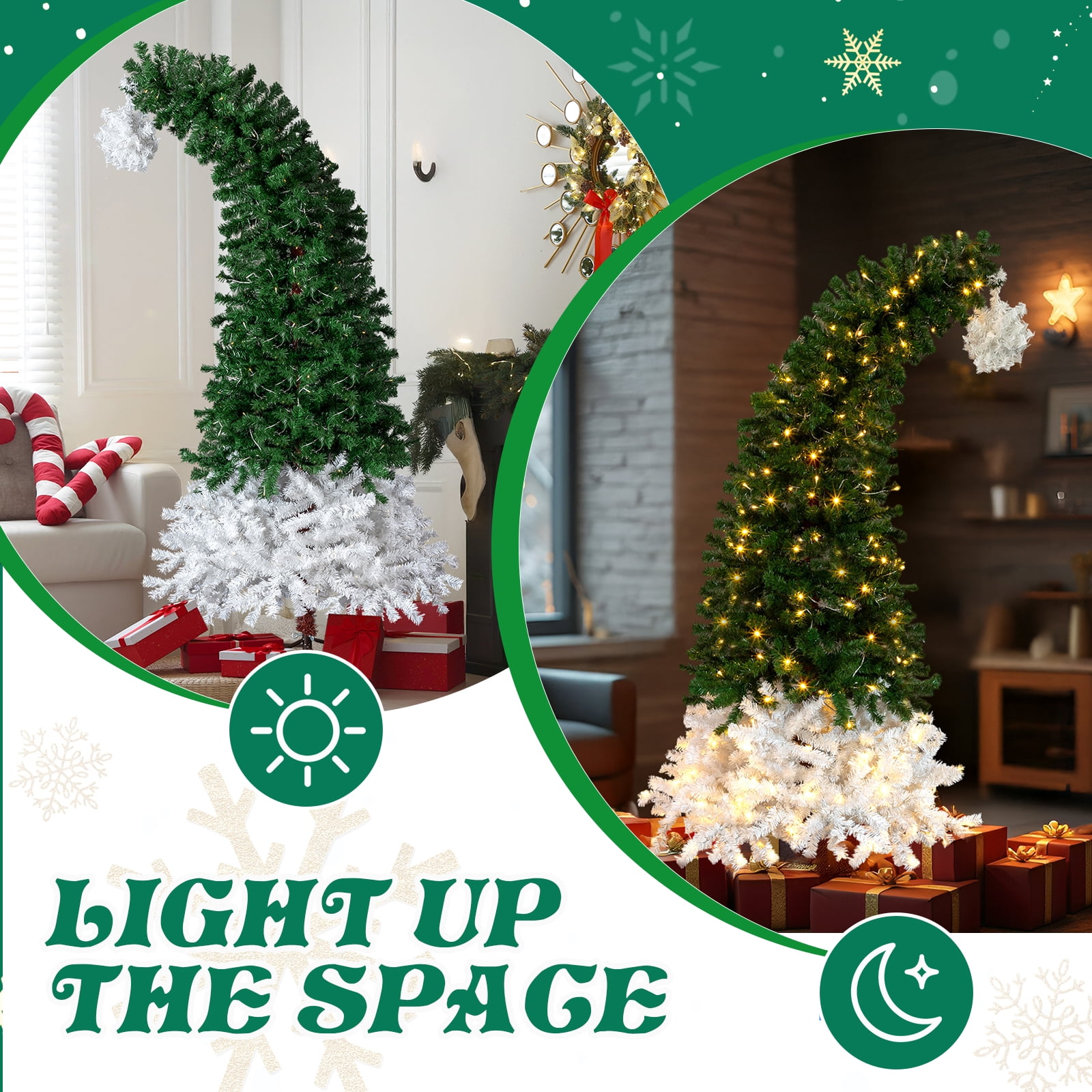 Astoutdoor 6 ft Santa Hat Style Pre-lit Christmas Tree, Hinged Artificial Pine Tree with 250 Warm White Lights, 839 Branch Tips, Green and White