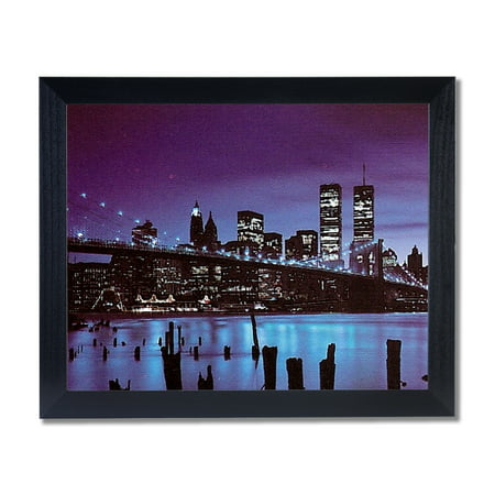 New York City Skyline and Bridge at Night Wall Picture Black Framed Art