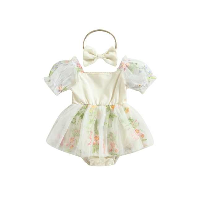 xiaxaixu Ensemble d'Été 2 Pcs pour Bébé Fille, Robe en Tulle à Manches Courtes Bouffantes avec Bandeau