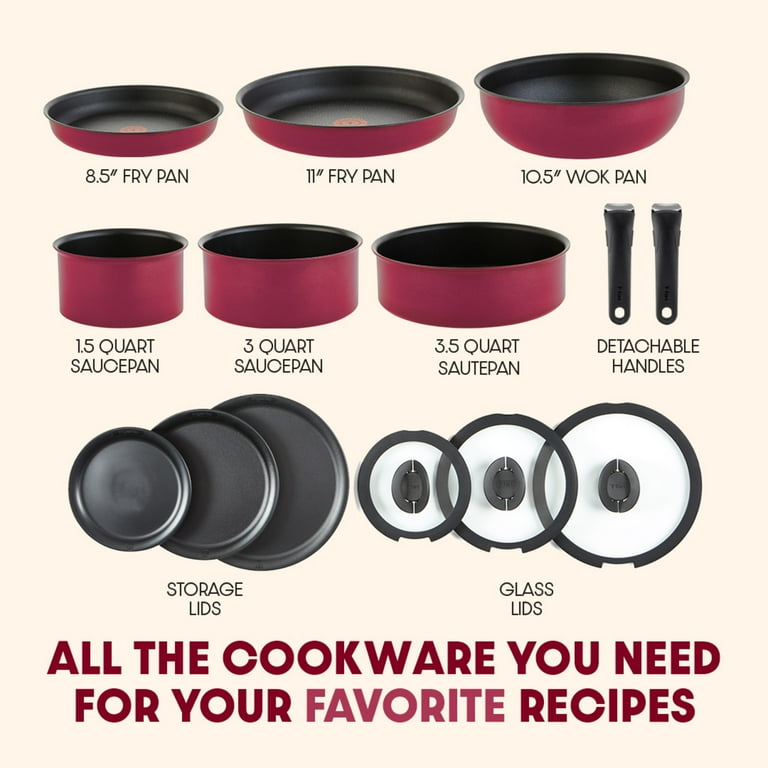 T-fal, Nonstick Cookware Set, 14 Piece, Rose Pink, Detachable