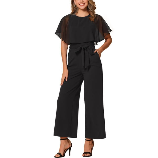 Mono con mangas acampanadas Inspire Chic para mujer, casual elegante, con cinturón en la cintura, pantalones de pierna ancha, atuendo de una pieza, talla XL, negro