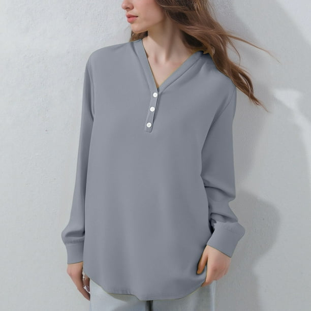 Ailaofu Womens Tops Business Casual Long Sleeve Button V Neck Henley Shirts Fall Trendy Loose Work Office Blouse