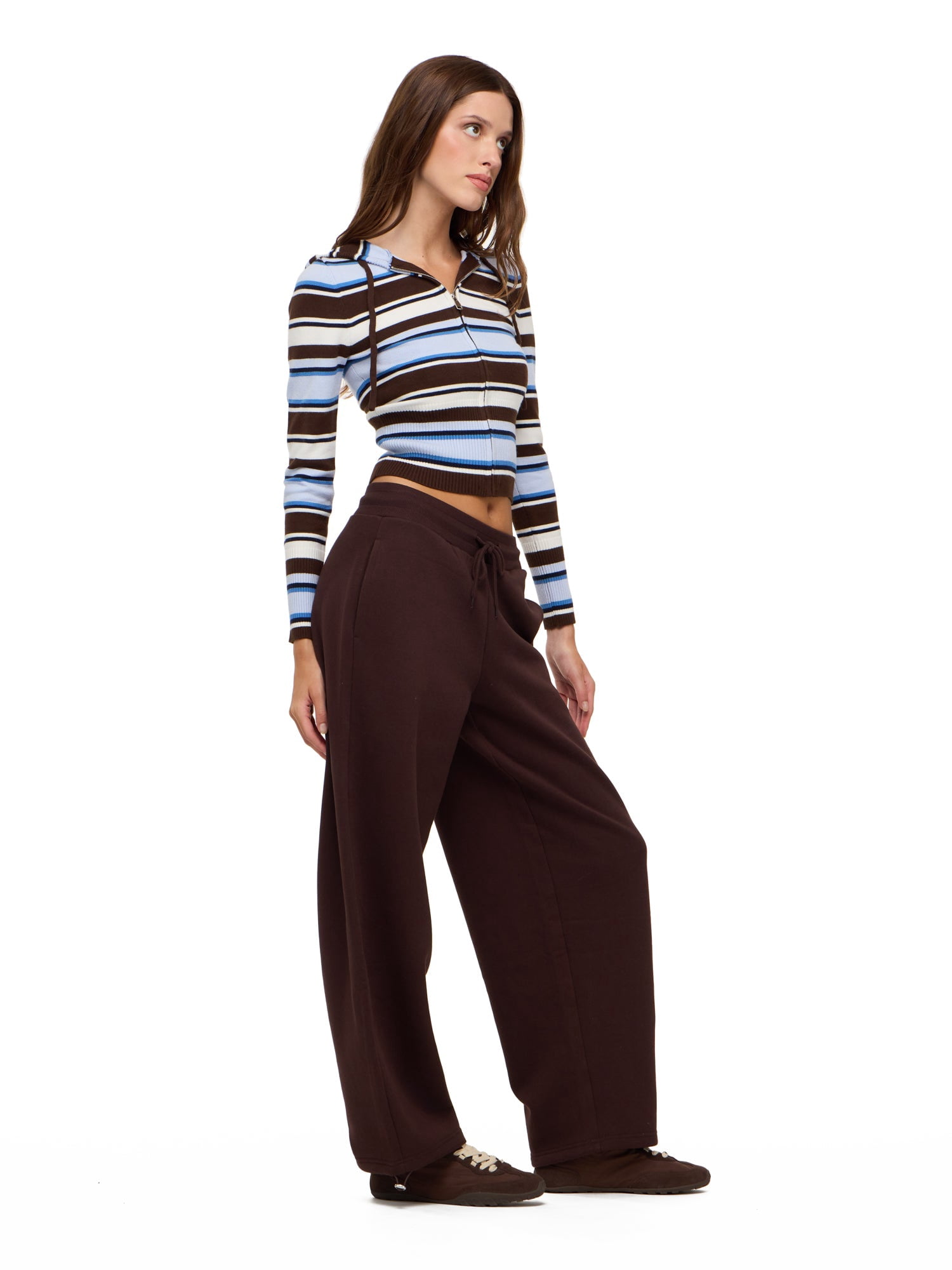 Forever 21 Women's Striped Zip Up Hooded Sweater, Long Sleeve Soft Knit Hoodie, Casual Everyday Streetwear Style Top, Brown, XXS-XXL