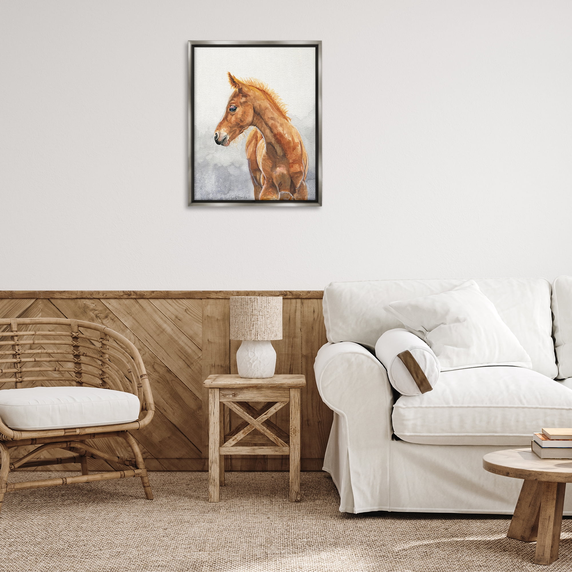 Stupell Industries Watercolor Brown Foal Animals Painting Gray Floater Framed Canvas Art Print Wall Art, 25 x 31