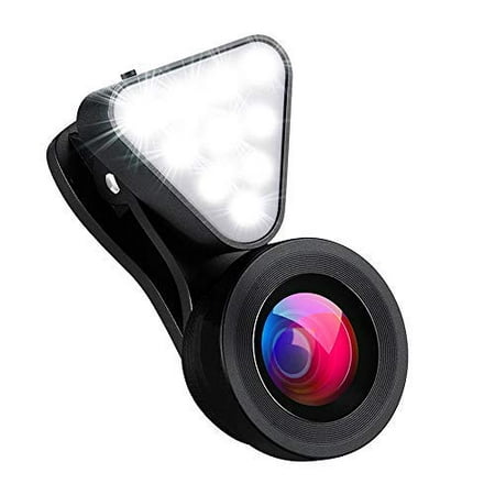 Phone Camera Lens with Selfie Ring Light, 0.4X-0.6X Wide Angle Lens &15X Macro Lens, Rechargeable Selfie Light Ring with 3 Adjustable Brightness for Photography Compatible with iPhone Android