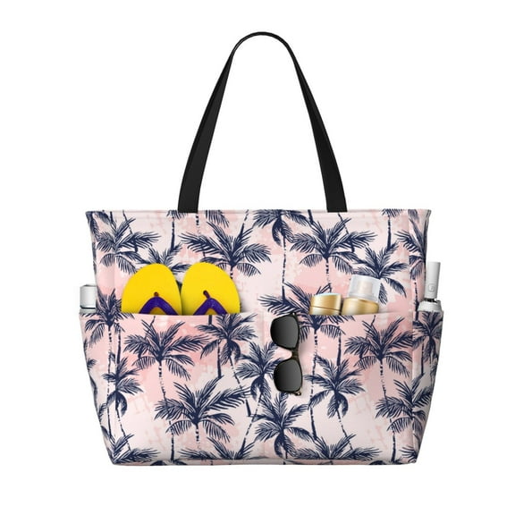 Pofeuu Tropics Palm Trees Print Beach Bag,Waterproof Sandproof Beach Tote Bag, Large Capacity Foldable Beach Bags for Women