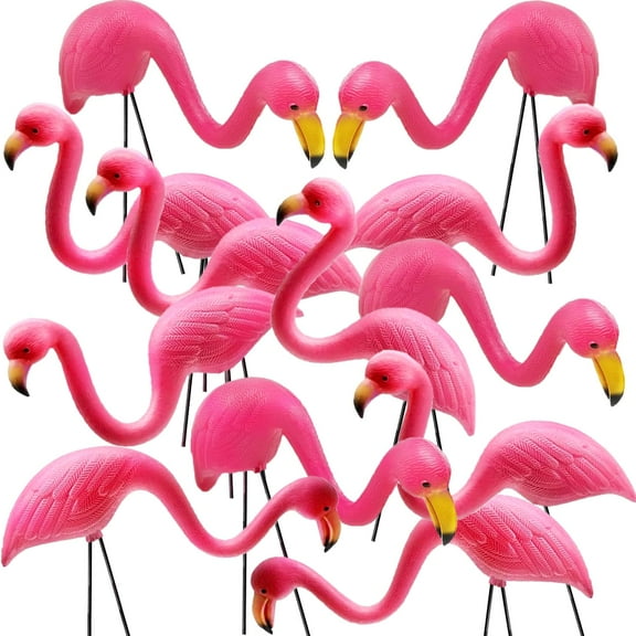 GiftExpress 12 Pack Pink Flamingos Yard Decorations - Small 14" Tall Plastic Flamingo Statue w/Metal Stakes - Lawn Ornaments & Garden Decor for Outdoor Parties