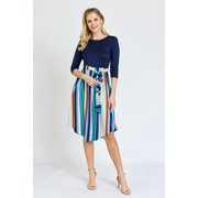 Vivid 3/4 Sleeve Multi Color Stripe Sash Midi Dress | S-3X