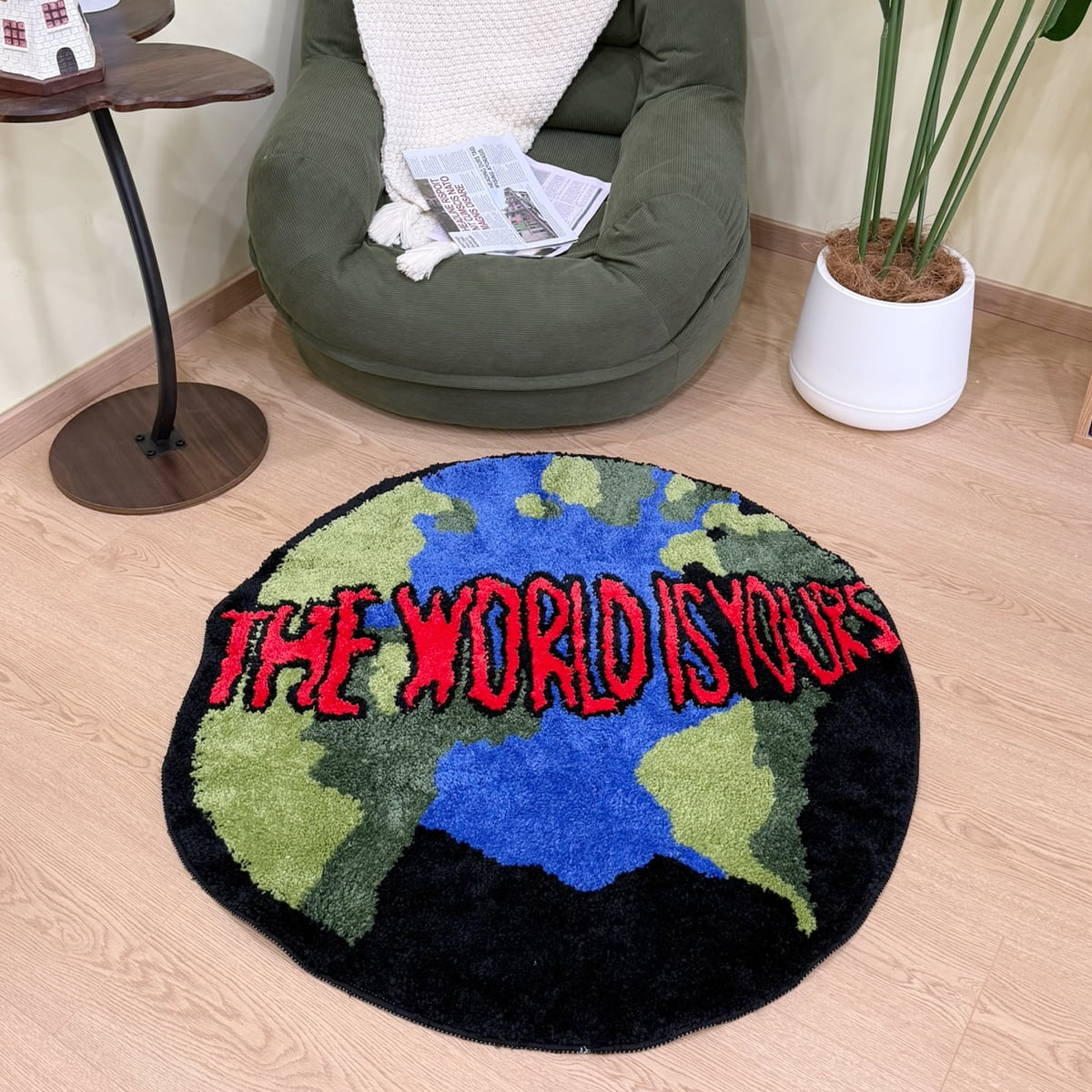 LAKEA Trendy The World Is Yours' Globe Tufted Rug Round Fluffy Shaggy Carpet Black Blue Green Red Non-Slip Absorbent Bath Mat Living