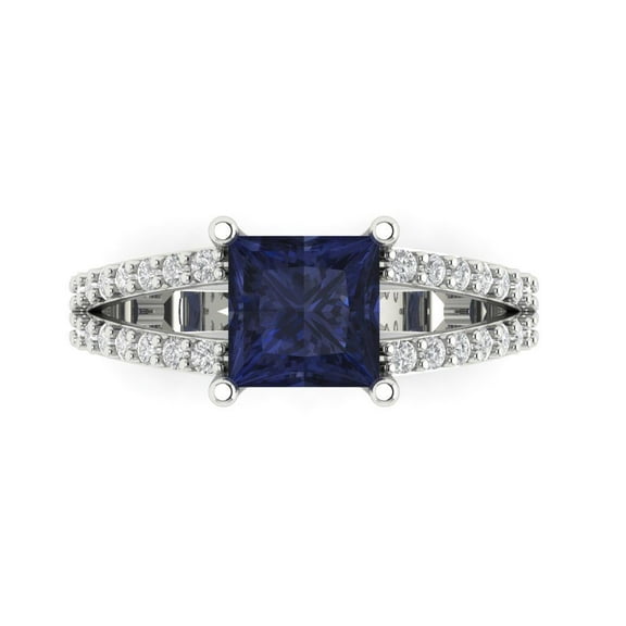 2.44ct Princess Cut Blue Sapphire 14k White Gold Engraving Statement Bridal Wedding Designer Ring Size 7.5