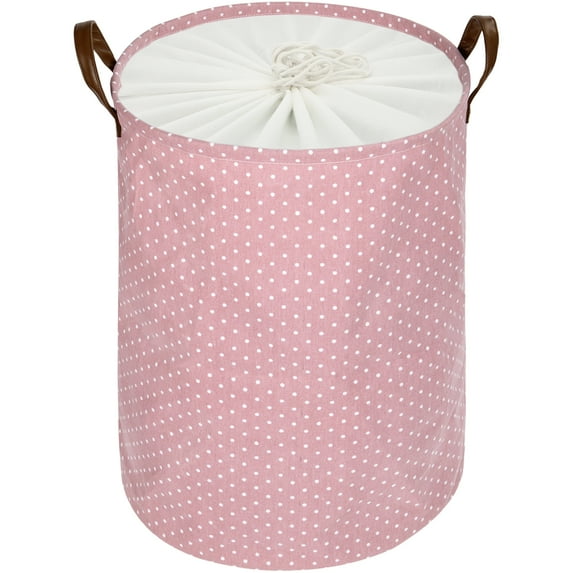 DOKEHOM 24-Inches Freestanding Laundry Basket with Lid, Collapsible Extra Large Drawstring Clothes Hamper Storage with Handle (Pink, XL)
